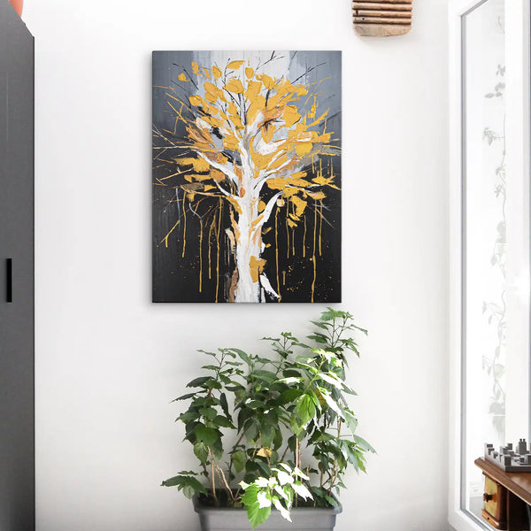 Leinwandbild handgemalt mit Acrylfarbe und Strukturpaste im Hochformat, Golden Leaves, 60x80 mit Bilderrahmen in Eiche Dunkel