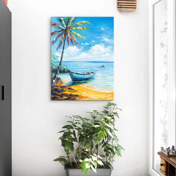 Leinwandbild handgemalt mit Acrylfarbe und Strukturpaste im Hochformat, Flucht in die Stille, 60x80 mit Bilderrahmen in Eiche Dunkel