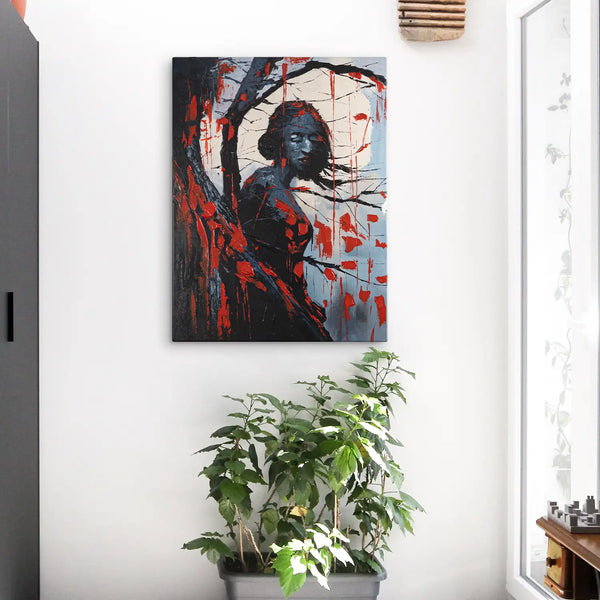 Leinwandbild handgemalt mit Acrylfarbe und Strukturpaste im Hochformat, Schwarze Phytomorphe, 60x80 mit Bilderrahmen in Eiche Dunkel