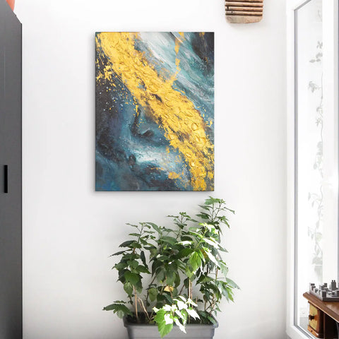 Leinwandbild handgemalt mit Acrylfarbe und Strukturpaste im Hochformat, Der Raum dazwischen, 60x80 mit Bilderrahmen in Eiche Dunkel