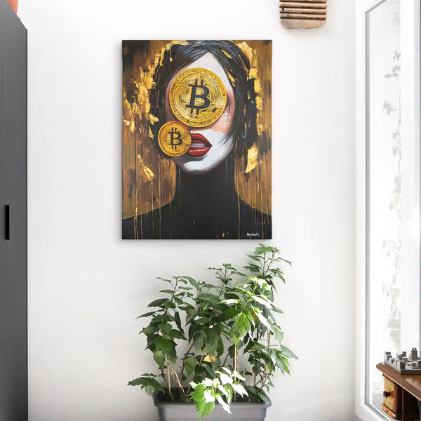 Leinwandbild handgemalt mit Acrylfarbe und Strukturpaste im Hochformat, Der Schleier des Reichtums, 60x80 mit Bilderrahmen in Eiche Dunkel