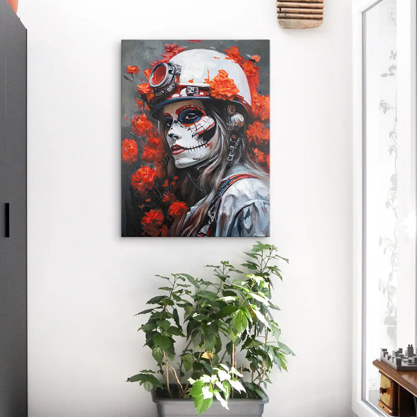 Leinwandbild handgemalt mit Acrylfarbe und Strukturpaste im Hochformat, Bluete der Schattenkriegerin, 60x80 mit Bilderrahmen in Eiche Dunkel