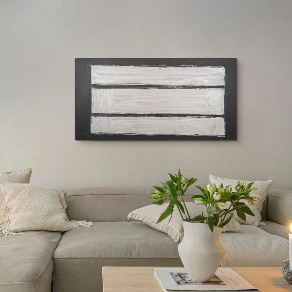 Leinwandbild handgemalt Gemälde mit Acrylfarbe und Strukturpaste im Panorama, Reflexion, 100x50 mit Bilderrahmen in Eiche Dunkel