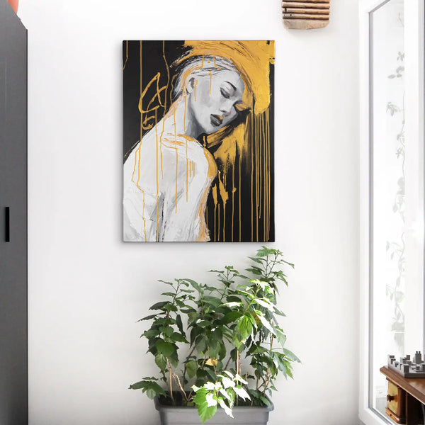 Leinwandbild handgemalt mit Acrylfarbe und Strukturpaste im Hochformat, Das goldene Schweigen, 60x80 mit Bilderrahmen in Eiche Dunkel