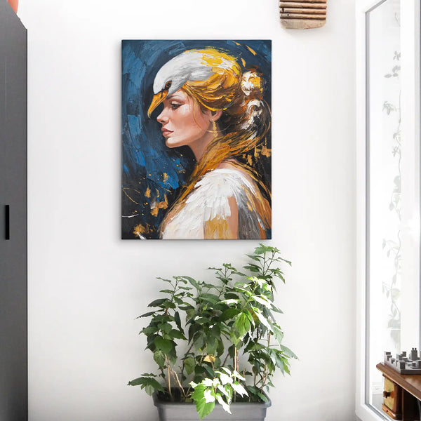 Leinwandbild handgemalt mit Acrylfarbe und Strukturpaste im Hochformat, Schwanenkoenigin, 60x80 mit Bilderrahmen in Eiche Dunkel