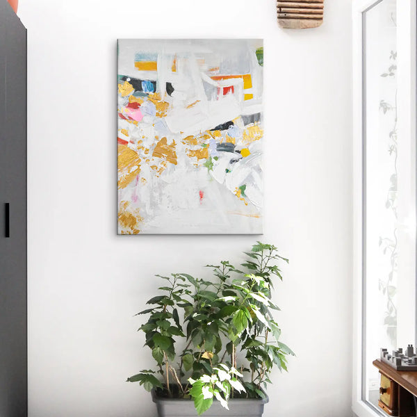 Leinwandbild handgemalt mit Acrylfarbe und Strukturpaste im Hochformat, Fragmente der Wahrheit, 60x80 mit Bilderrahmen in Eiche Dunkel