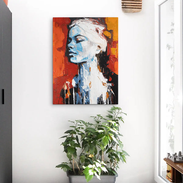 Leinwandbild handgemalt mit Acrylfarbe und Strukturpaste im Hochformat, Atalante, 60x80 mit Bilderrahmen in Eiche Dunkel