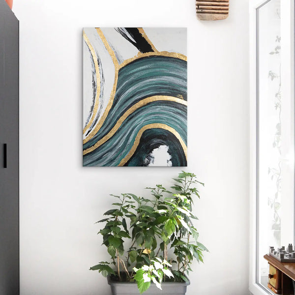 Leinwandbild handgemalt mit Acrylfarbe und Strukturpaste im Hochformat, Schleier der Wahrheit, 60x80 mit Bilderrahmen in Eiche Dunkel