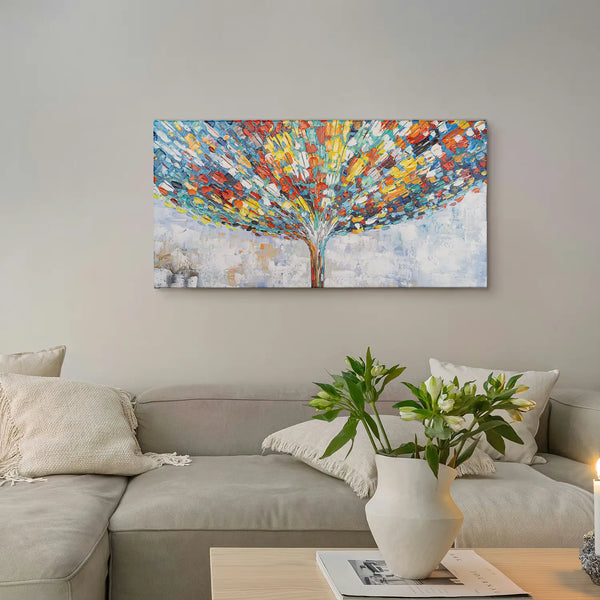 Leinwandbild handgemalt mit Acrylfarbe und Strukturpaste im Panorama, Klang der Stille, 50x100 mit Bilderrahmen in Eiche Dunkel