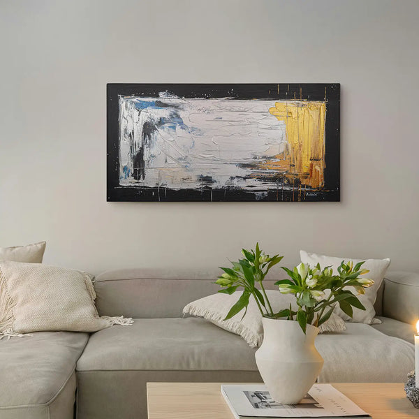 Leinwandbild handgemalt Gemälde mit Acrylfarbe und Strukturpaste im Panorama, Verschmelzen der Elemente, 100x50 mit Bilderrahmen in Eiche Dunkel