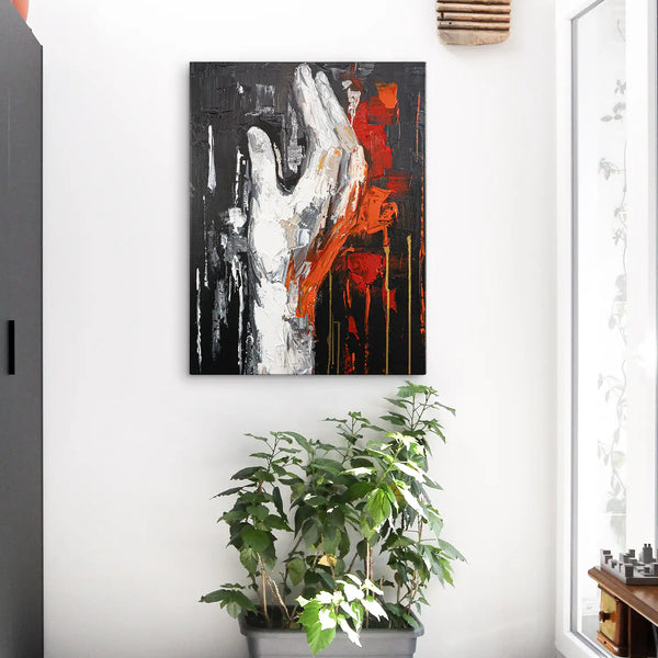 Leinwandbild handgemalt mit Acrylfarbe und Strukturpaste im Hochformat, Flamme des Willens, 60x80 mit Bilderrahmen in Eiche Dunkel