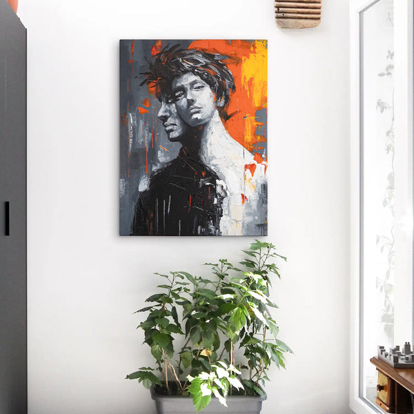 Leinwandbild handgemalt mit Acrylfarbe und Strukturpaste im Hochformat, Romulus and Remus, 60x80 mit Bilderrahmen in Eiche Dunkel