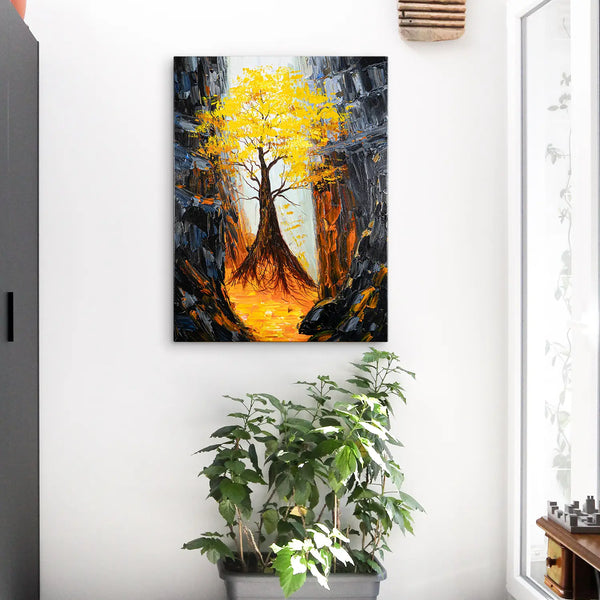 Leinwandbild handgemalt mit Acrylfarbe und Strukturpaste im Hochformat, Im Herz der Tiefe, 60x80 mit Bilderrahmen in Eiche Dunkel