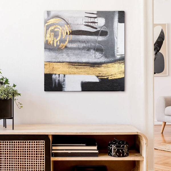 Leinwandbild handgemalt mit Acrylfarbe und Strukturpaste im Quadratisch, Goldenes Jetzt, 60x60 mit Bilderrahmen in Eiche Dunkel