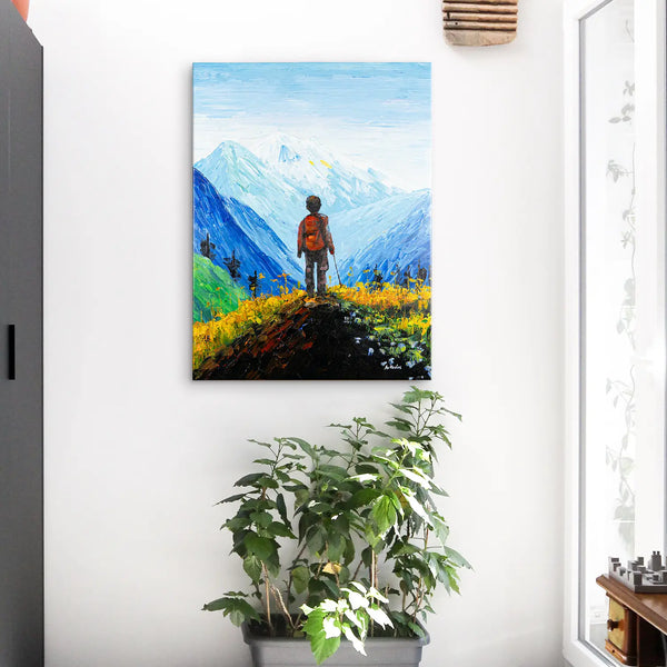 Leinwandbild handgemalt mit Acrylfarbe und Strukturpaste im Hochformat, Die Reise, 60x80 mit Bilderrahmen in Eiche Dunkel