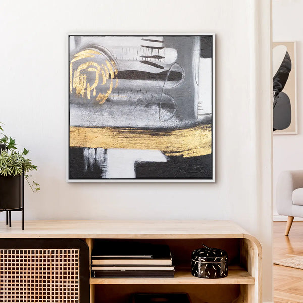 Leinwandbild handgemalt mit Acrylfarbe und Strukturpaste im Quadratisch, Goldenes Jetzt, 100x100 mit Bilderrahmen in Weiß