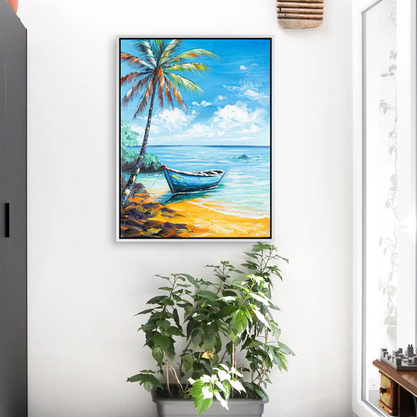 Leinwandbild handgemalt mit Acrylfarbe und Strukturpaste im Hochformat, Flucht in die Stille, 90x120 mit Bilderrahmen in Weiß