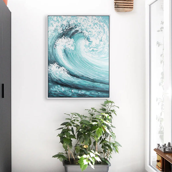 Leinwandbild handgemalt mit Acrylfarbe und Strukturpaste im Hochformat, Das unendliche Spiel, 90x120 mit Bilderrahmen in Weiß