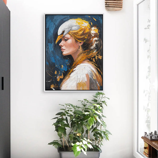 Leinwandbild handgemalt mit Acrylfarbe und Strukturpaste im Hochformat, Schwanenkoenigin, 90x120 mit Bilderrahmen in Weiß