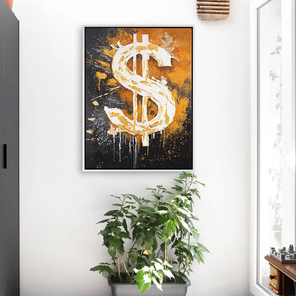 Leinwandbild handgemalt mit Acrylfarbe und Strukturpaste im Hochformat, Dollar, 90x120 mit Bilderrahmen in Weiß
