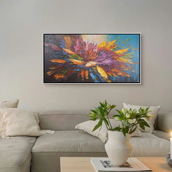 Leinwandbild handgemalt Gemälde mit Acrylfarbe und Strukturpaste im Panorama, Tanz der Farben, 140x70 mit Bilderrahmen in Weiß