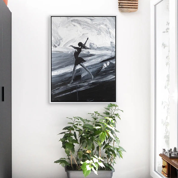 Leinwandbild handgemalt mit Acrylfarbe und Strukturpaste im Hochformat, Die Taenzerin, 90x120 mit Bilderrahmen in Weiß