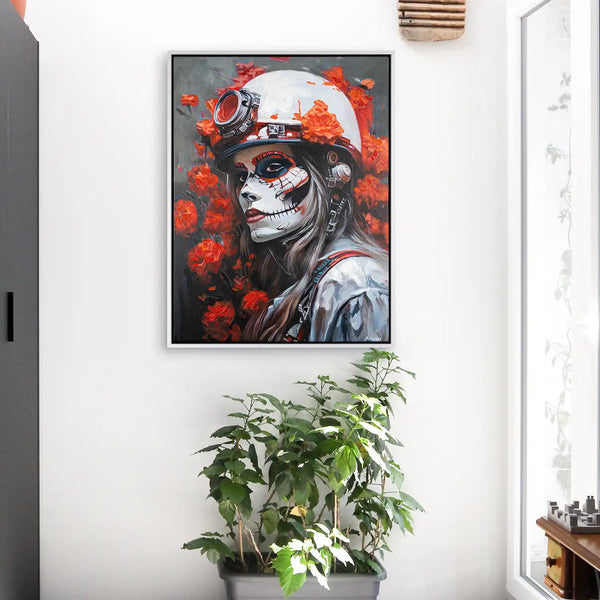 Leinwandbild handgemalt mit Acrylfarbe und Strukturpaste im Hochformat, Bluete der Schattenkriegerin, 90x120 mit Bilderrahmen in Weiß