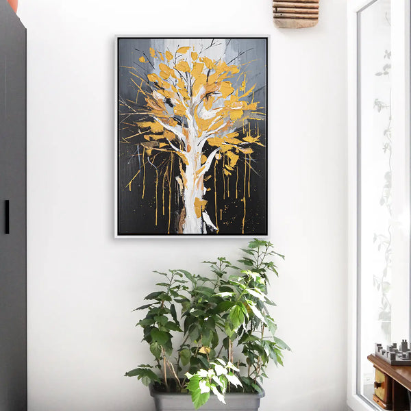 Leinwandbild handgemalt mit Acrylfarbe und Strukturpaste im Hochformat, Golden Leaves, 90x120 mit Bilderrahmen in Weiß