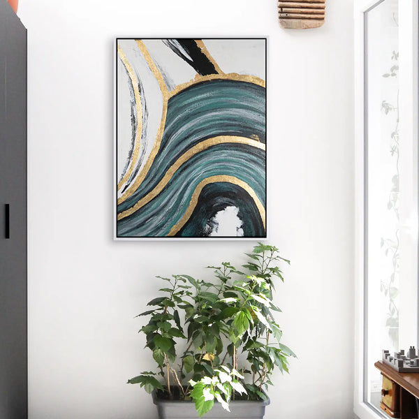 Leinwandbild handgemalt mit Acrylfarbe und Strukturpaste im Hochformat, Schleier der Wahrheit, 90x120 mit Bilderrahmen in Weiß