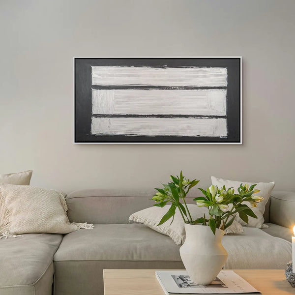 Leinwandbild handgemalt Gemälde mit Acrylfarbe und Strukturpaste im Panorama, Reflexion, 140x70 mit Bilderrahmen in Weiß