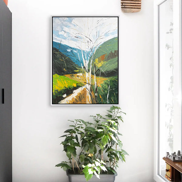 Leinwandbild handgemalt mit Acrylfarbe und Strukturpaste im Hochformat, fruehlingserwachen, 90x120 mit Bilderrahmen in Weiß