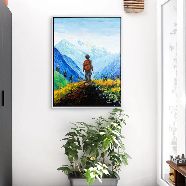 Leinwandbild handgemalt mit Acrylfarbe und Strukturpaste im Hochformat, Die Reise, 90x120 mit Bilderrahmen in Weiß