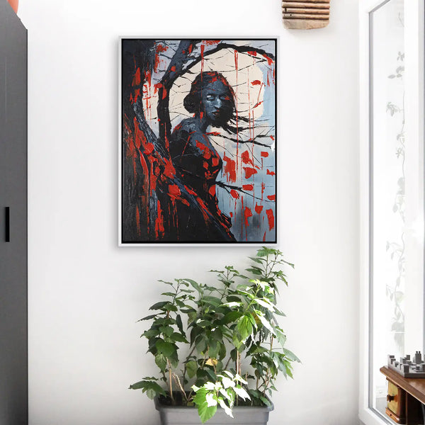 Leinwandbild handgemalt mit Acrylfarbe und Strukturpaste im Hochformat, Schwarze Phytomorphe, 90x120 mit Bilderrahmen in Weiß