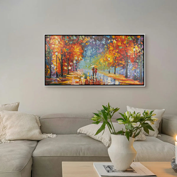 Leinwandbild handgemalt mit Acrylfarbe und Strukturpaste im Panorama, Der Weg des Lichts, 70x140 mit Bilderrahmen in Weiß