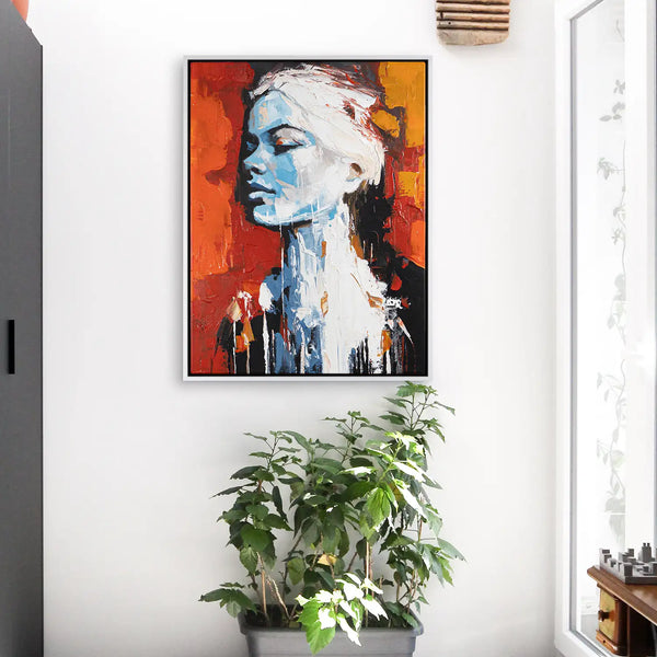 Leinwandbild handgemalt mit Acrylfarbe und Strukturpaste im Hochformat, Atalante, 90x120 mit Bilderrahmen in Weiß