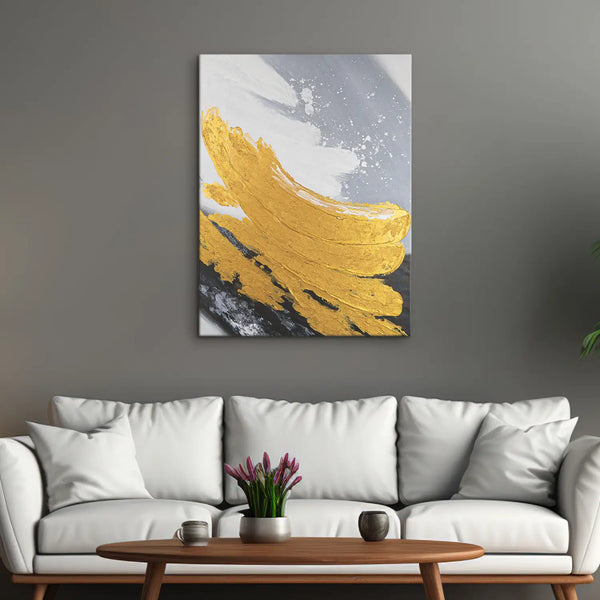 Leinwandbild handgemalt mit Acrylfarbe und Strukturpaste im Hochformat, Goldene Reflexionen, 60x80 mit Bilderrahmen in Eiche Hell