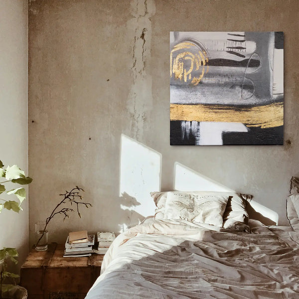 Leinwandbild handgemalt mit Acrylfarbe und Strukturpaste im Quadratisch, Goldenes Jetzt, 60x60 mit Bilderrahmen in Eiche Hell