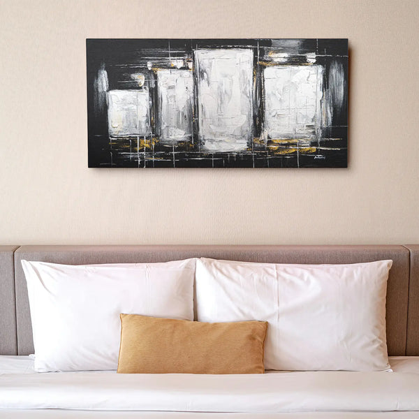 Leinwandbild handgemalt Gemälde mit Acrylfarbe und Strukturpaste im Panorama, Dunkle Eleganz, 100x50 mit Bilderrahmen in Eiche Hell