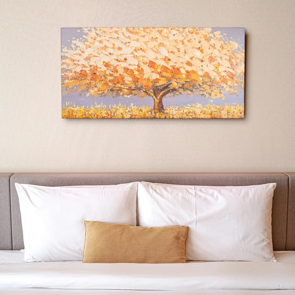 Leinwandbild handgemalt mit Acrylfarbe und Strukturpaste im Panorama, Dualitaet der Natur, 50x100 mit Bilderrahmen in Eiche Hell