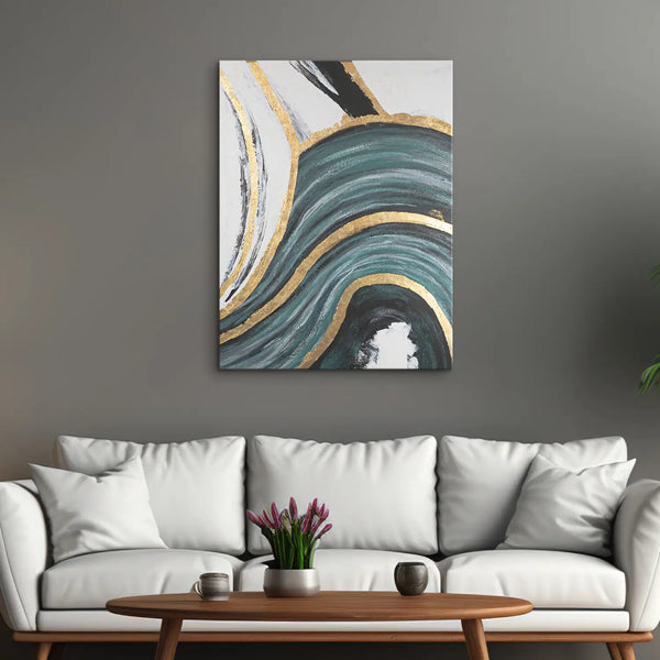 Leinwandbild handgemalt mit Acrylfarbe und Strukturpaste im Hochformat, Schleier der Wahrheit, 60x80 mit Bilderrahmen in Eiche Hell