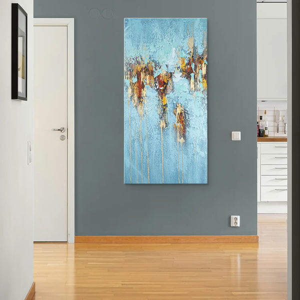 Leinwandbild handgemalt Gemälde mit Acrylfarbe und Strukturpaste im Hochformat, Zeitlose Seele, 50x100 mit Bilderrahmen in Eiche Hell