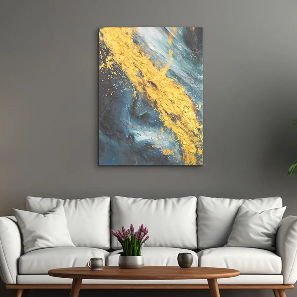 Leinwandbild handgemalt mit Acrylfarbe und Strukturpaste im Hochformat, Der Raum dazwischen, 60x80 mit Bilderrahmen in Eiche Hell