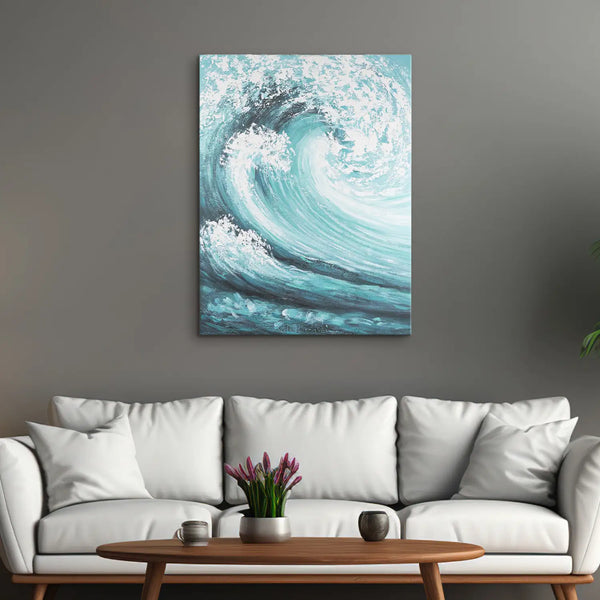 Leinwandbild handgemalt mit Acrylfarbe und Strukturpaste im Hochformat, Das unendliche Spiel, 60x80 mit Bilderrahmen in Eiche Hell