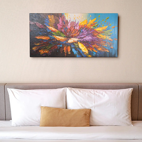 Leinwandbild handgemalt Gemälde mit Acrylfarbe und Strukturpaste im Panorama, Tanz der Farben, 100x50 mit Bilderrahmen in Eiche Hell