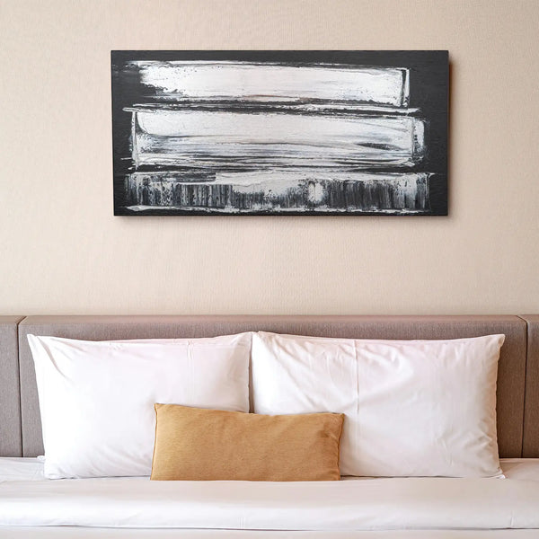 Leinwandbild handgemalt Gemälde mit Acrylfarbe und Strukturpaste im Panorama, Klang des Metalls, 100x50 mit Bilderrahmen in Eiche Hell