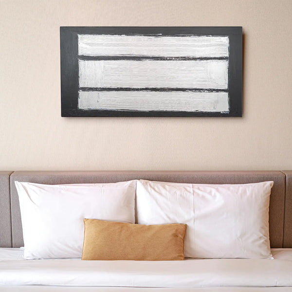 Leinwandbild handgemalt Gemälde mit Acrylfarbe und Strukturpaste im Panorama, Reflexion, 100x50 mit Bilderrahmen in Eiche Hell