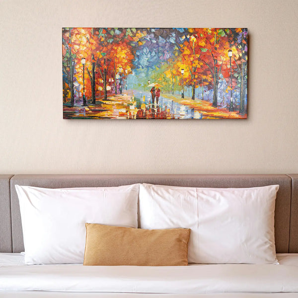 Leinwandbild handgemalt mit Acrylfarbe und Strukturpaste im Panorama, Der Weg des Lichts, 50x100 mit Bilderrahmen in Eiche Hell