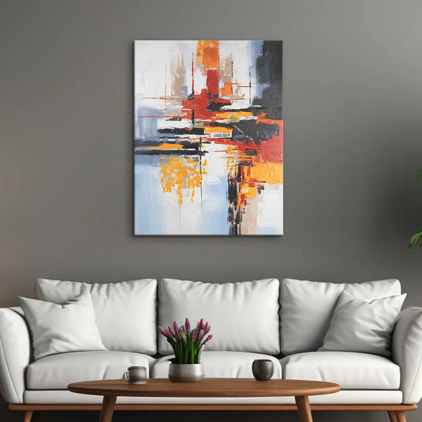 Leinwandbild handgemalt mit Acrylfarbe und Strukturpaste im Hochformat, Fragilitaet des Augenblicks, 60x80 mit Bilderrahmen in Eiche Hell