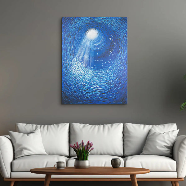 Leinwandbild handgemalt mit Acrylfarbe und Strukturpaste im Hochformat, Tiefen der Stille, 60x80 mit Bilderrahmen in Eiche Hell