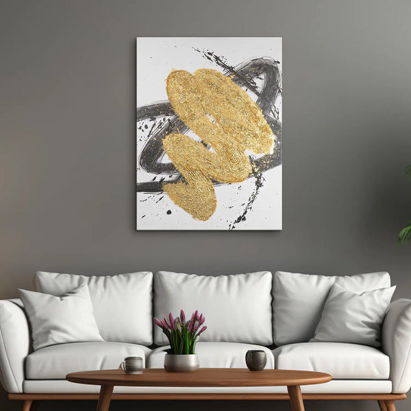 Leinwandbild handgemalt mit Acrylfarbe und Strukturpaste im Hochformat, Harmonie des Unbekannten, 60x80 mit Bilderrahmen in Eiche Hell